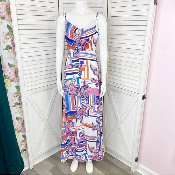 Foxiedox Kai Chiffon Maxi Dress Geometric Floral Stripe Multi Print XS - Picture 2 of 15